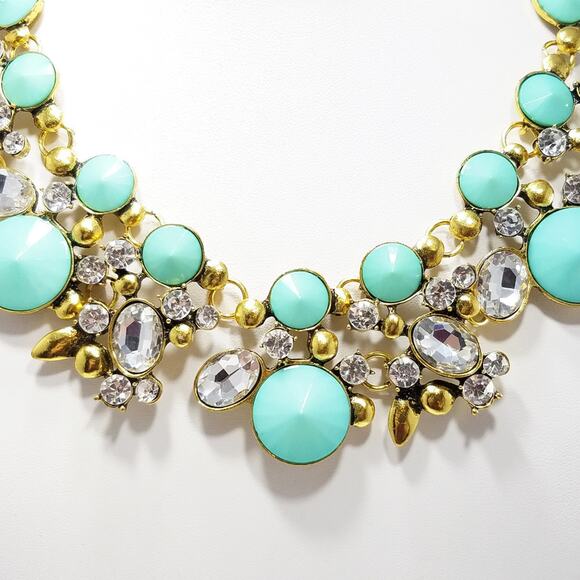 Turquoise Blue Clear Rhinestone Gold Statement Necklace - Picture 3 of 8